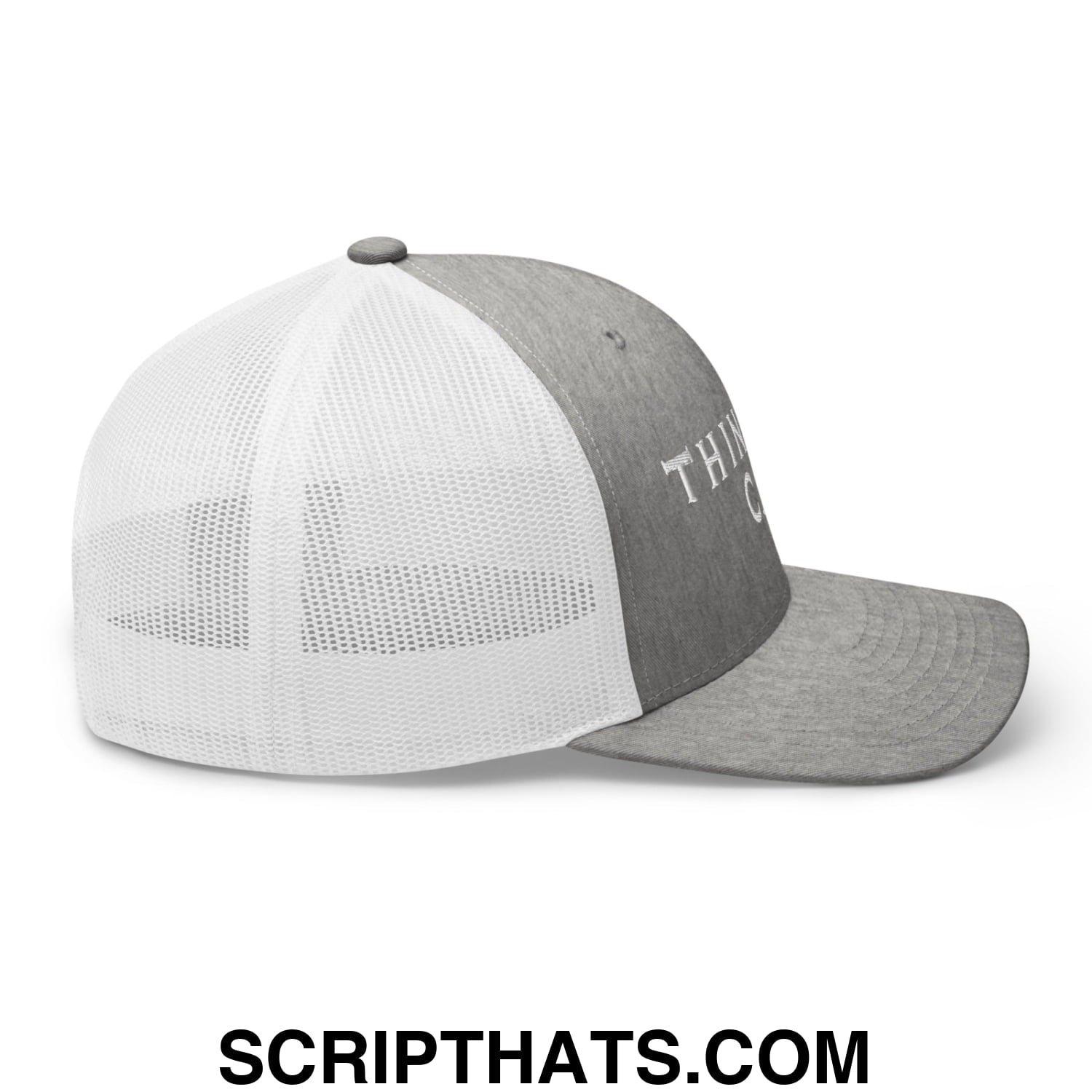 Thinking Cap Embroidered Mesh Trucker Hat Heather Grey White