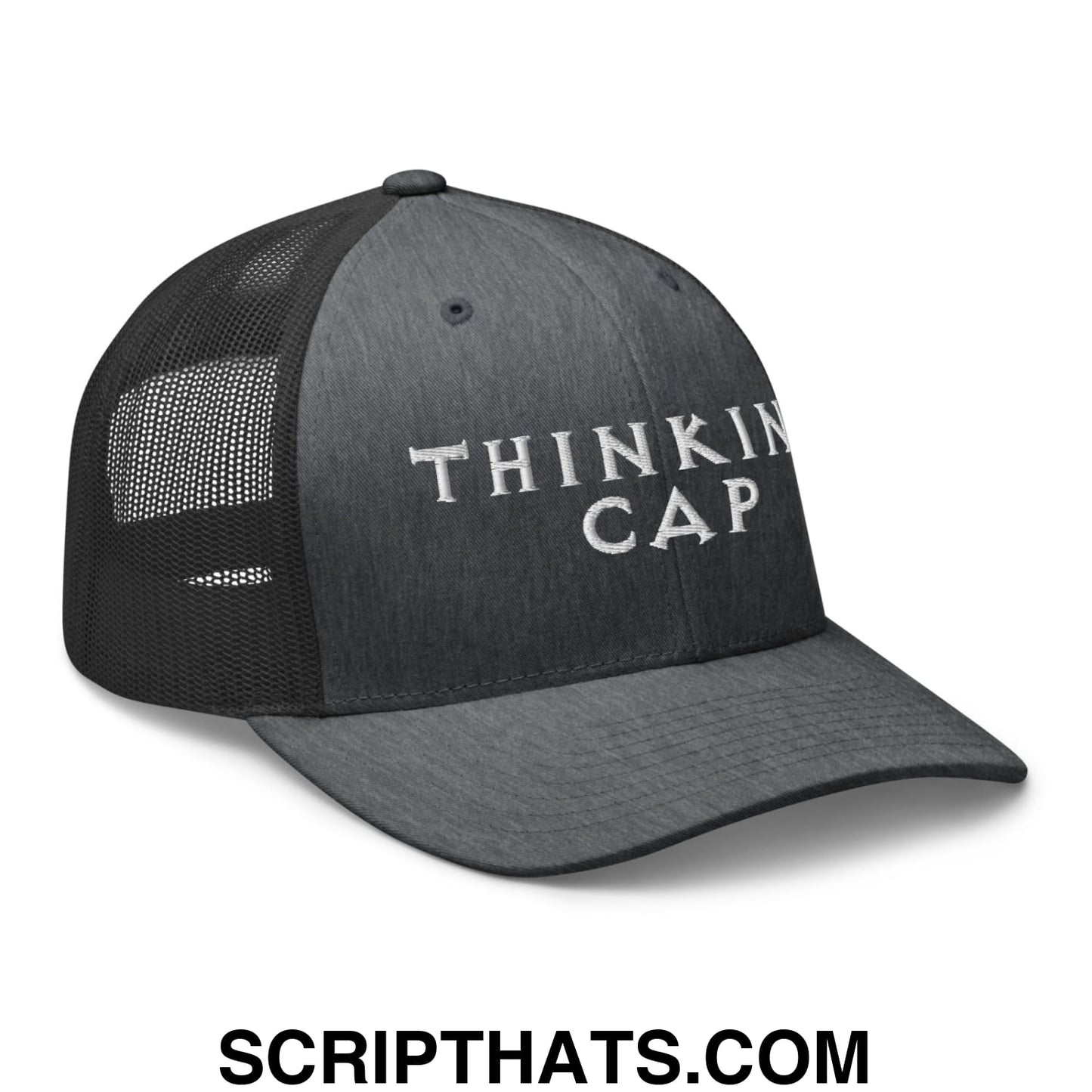 Thinking Cap Embroidered Mesh Trucker Hat Dark Heather Gray
