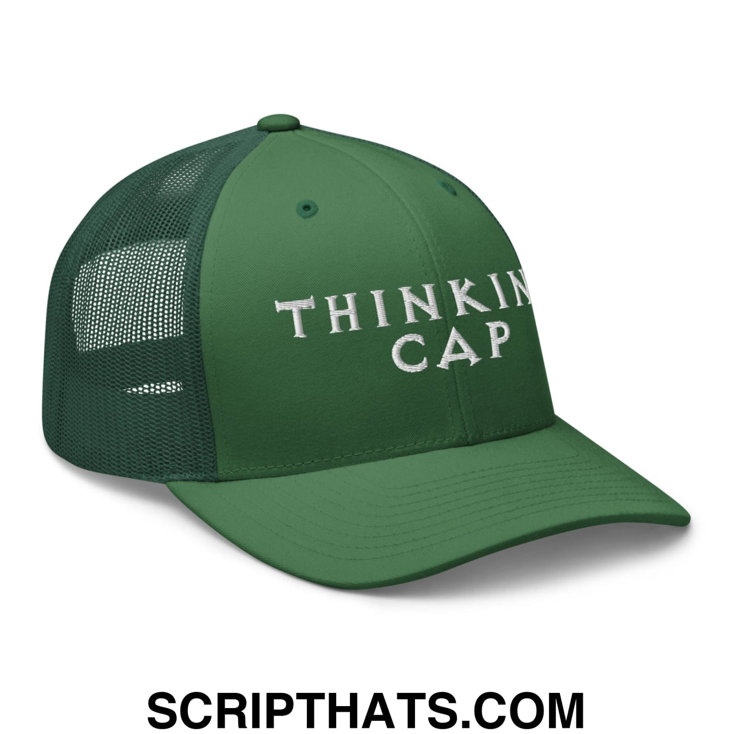 Thinking Cap Embroidered Mesh Trucker Hat Evergreen