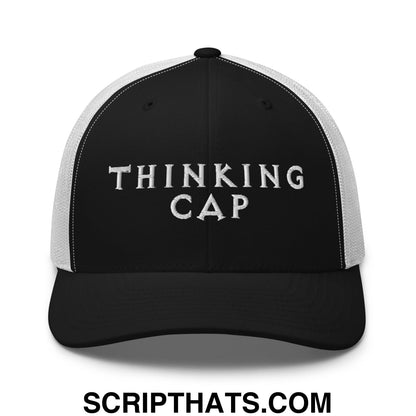 Thinking Cap Embroidered Mesh Trucker Hat Black White