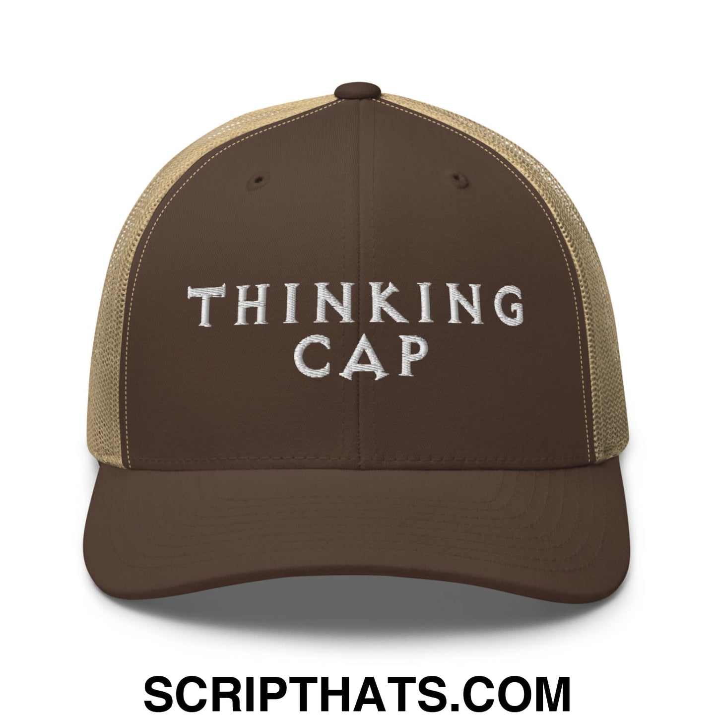 Thinking Cap Embroidered Mesh Trucker Hat Brown Khaki