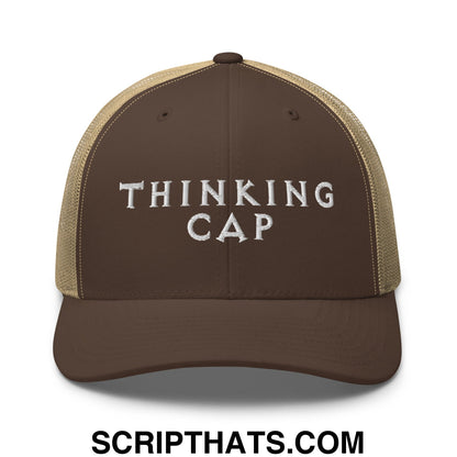 Thinking Cap Embroidered Mesh Trucker Hat Brown Khaki