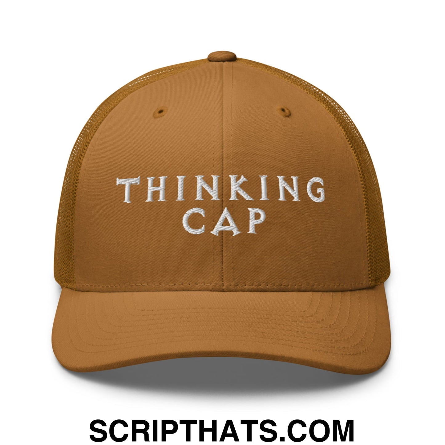 Thinking Cap Embroidered Mesh Trucker Hat Caramel