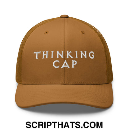 Thinking Cap Embroidered Mesh Trucker Hat Caramel