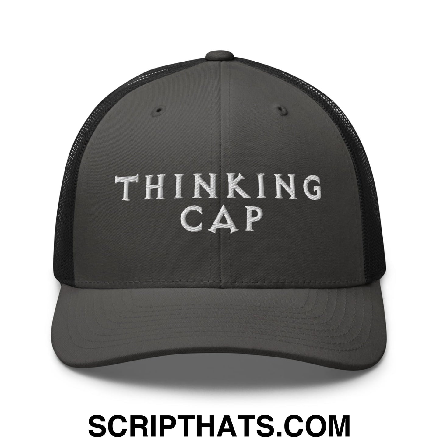 Thinking Cap Embroidered Mesh Trucker Hat Charcoal Black