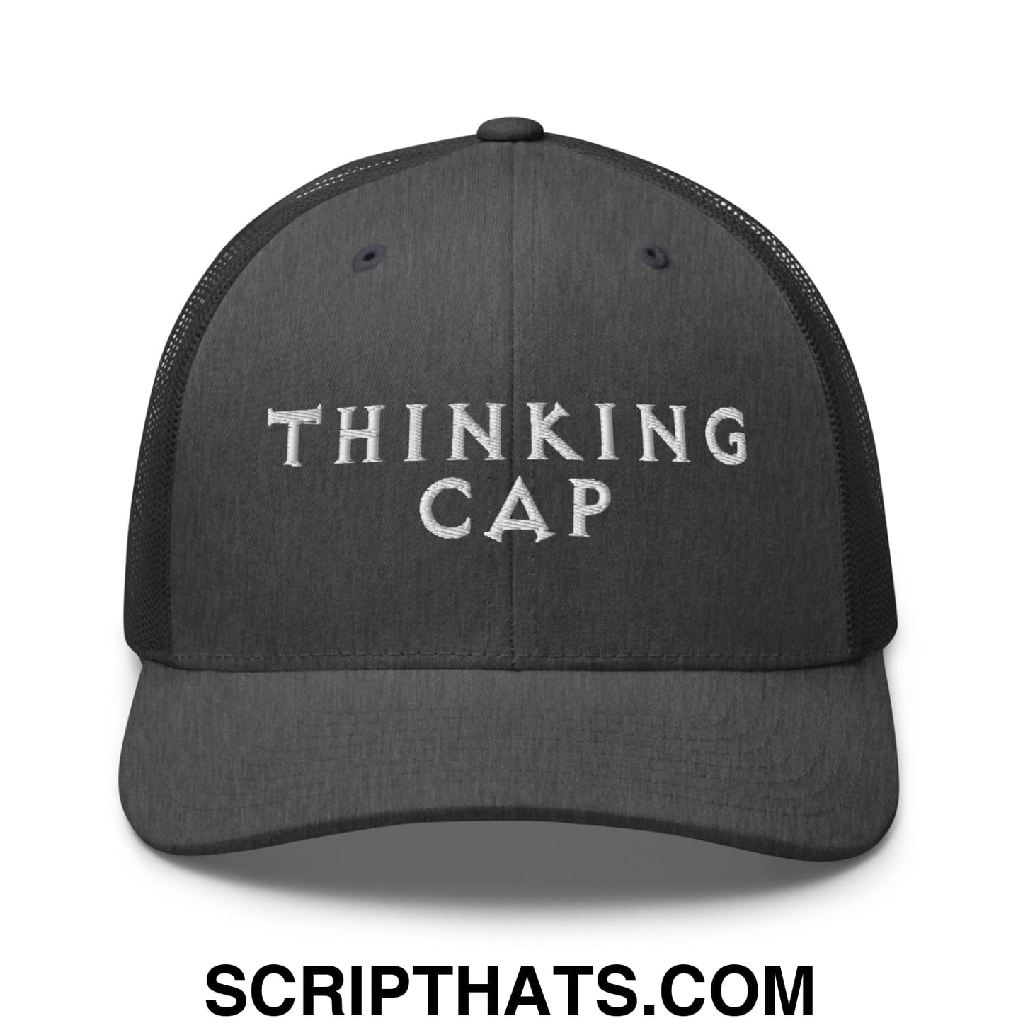 Thinking Cap Embroidered Mesh Trucker Hat Dark Heather Gray