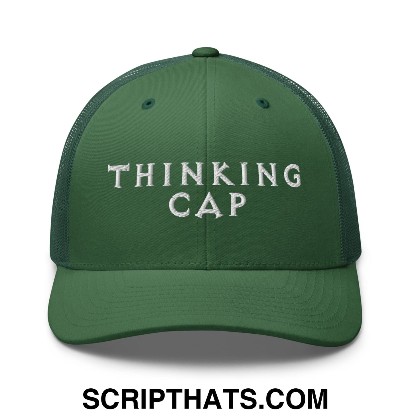 Thinking Cap Embroidered Mesh Trucker Hat Evergreen