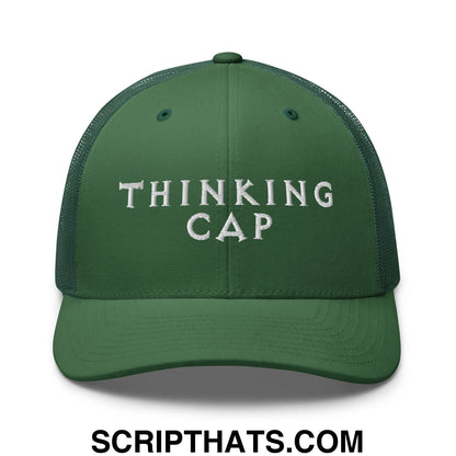 Thinking Cap Embroidered Mesh Trucker Hat Evergreen