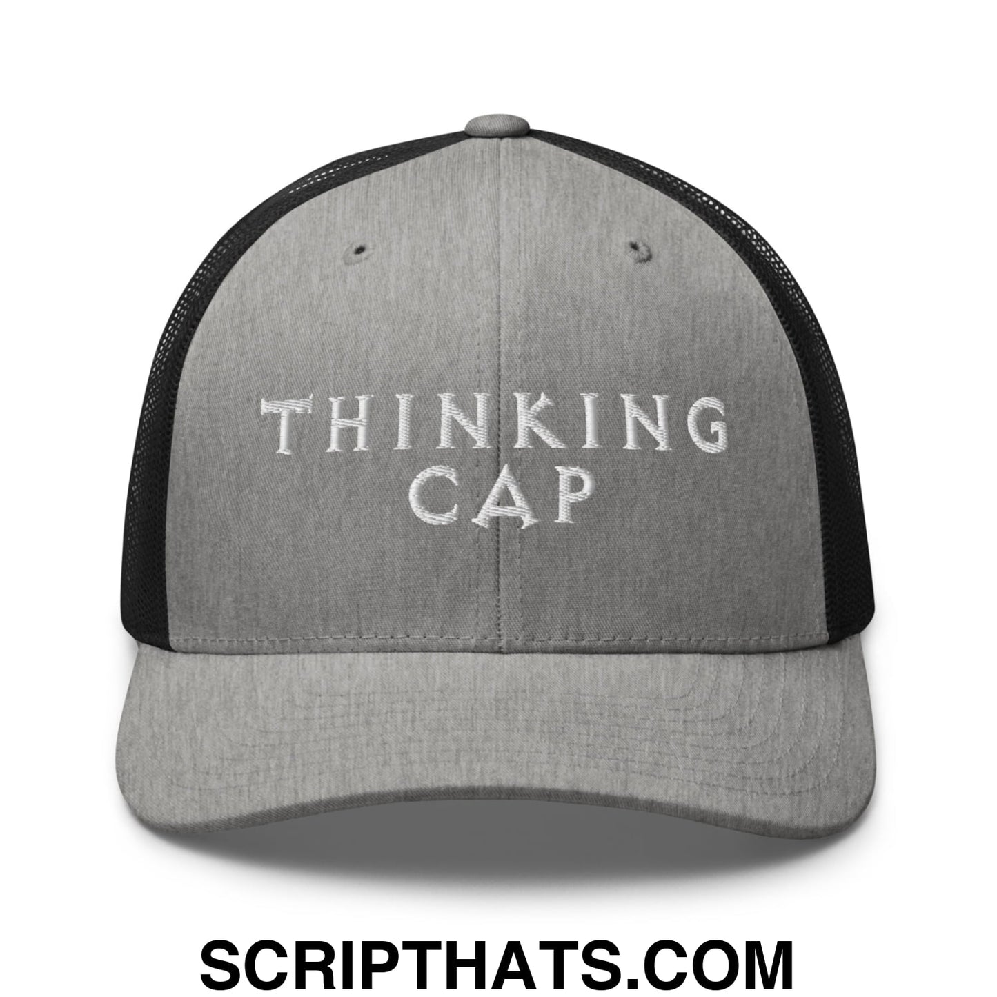 Thinking Cap Embroidered Mesh Trucker Hat Heather Black
