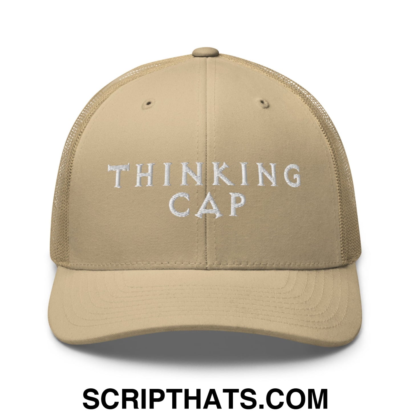 Thinking Cap Embroidered Mesh Trucker Hat Khaki