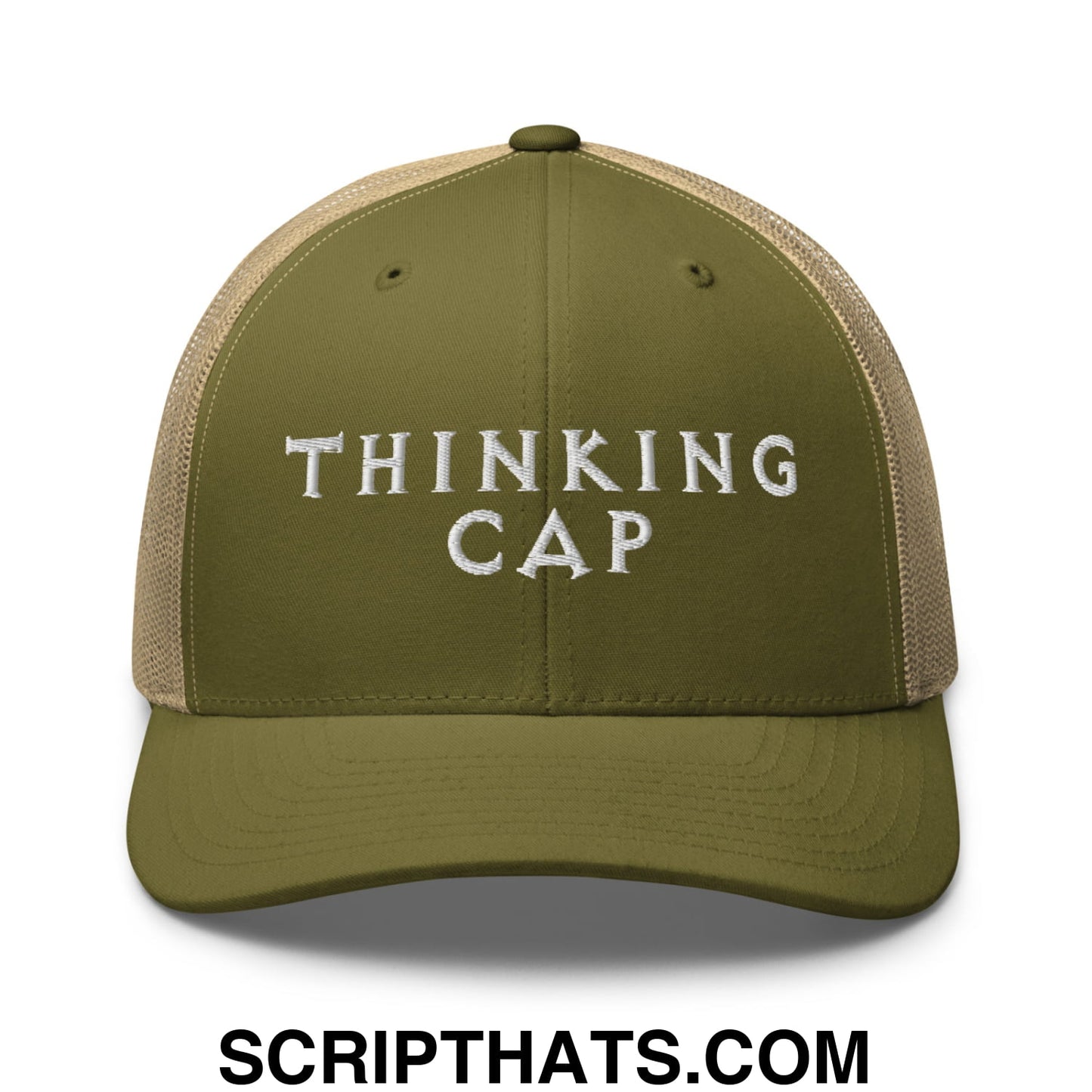 Thinking Cap Embroidered Mesh Trucker Hat Moss Khaki