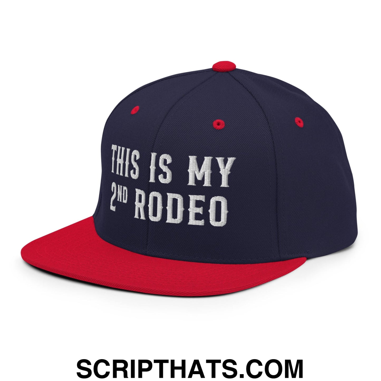 This Is My Second Rodeo Embroidered Flat Bill Brim Snapback Hat Navy Red