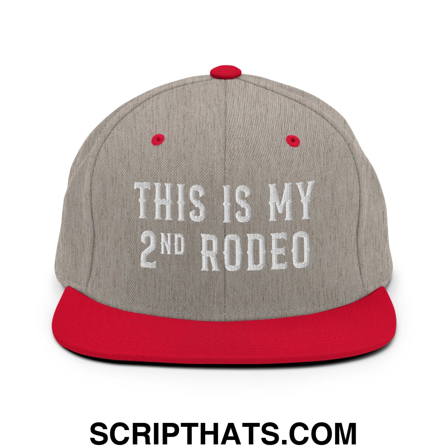 This Is My Second Rodeo Embroidered Flat Bill Brim Snapback Hat Heather Grey Red