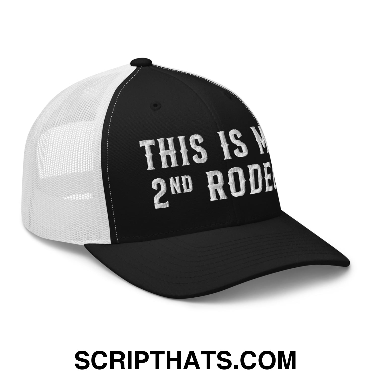 This Is My Second Rodeo Embroidered Mesh Trucker Hat Black White