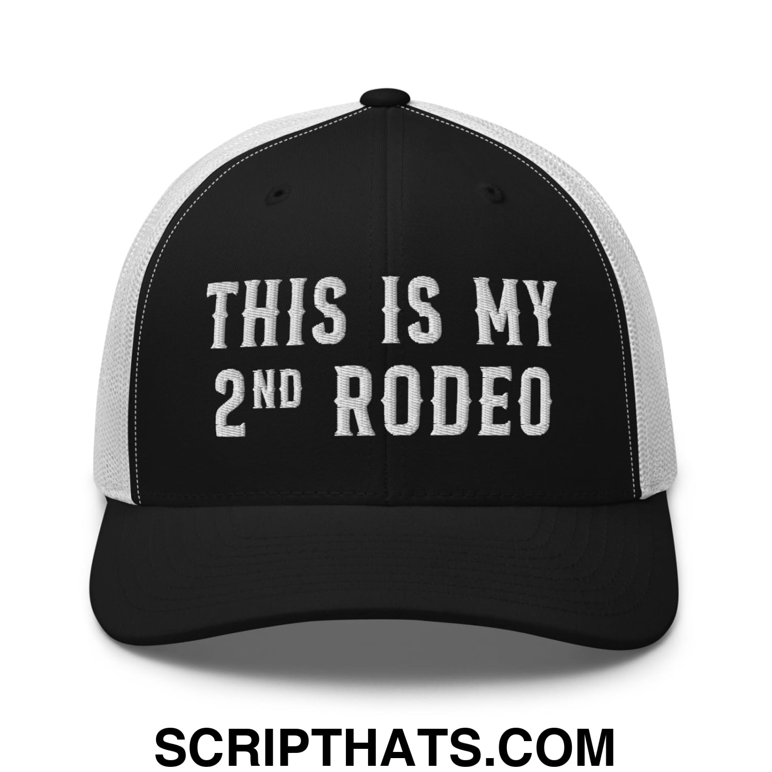This Is My Second Rodeo Embroidered Mesh Trucker Hat Black White