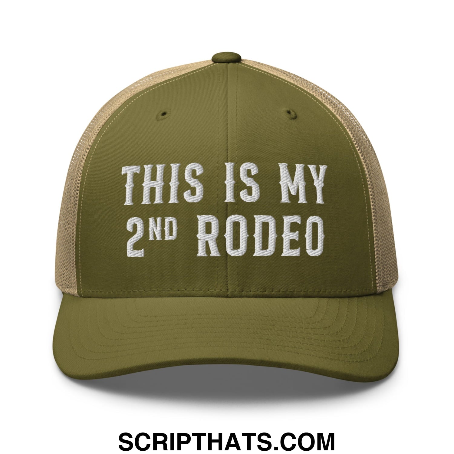 This Is My Second Rodeo Embroidered Mesh Trucker Hat Moss Khaki