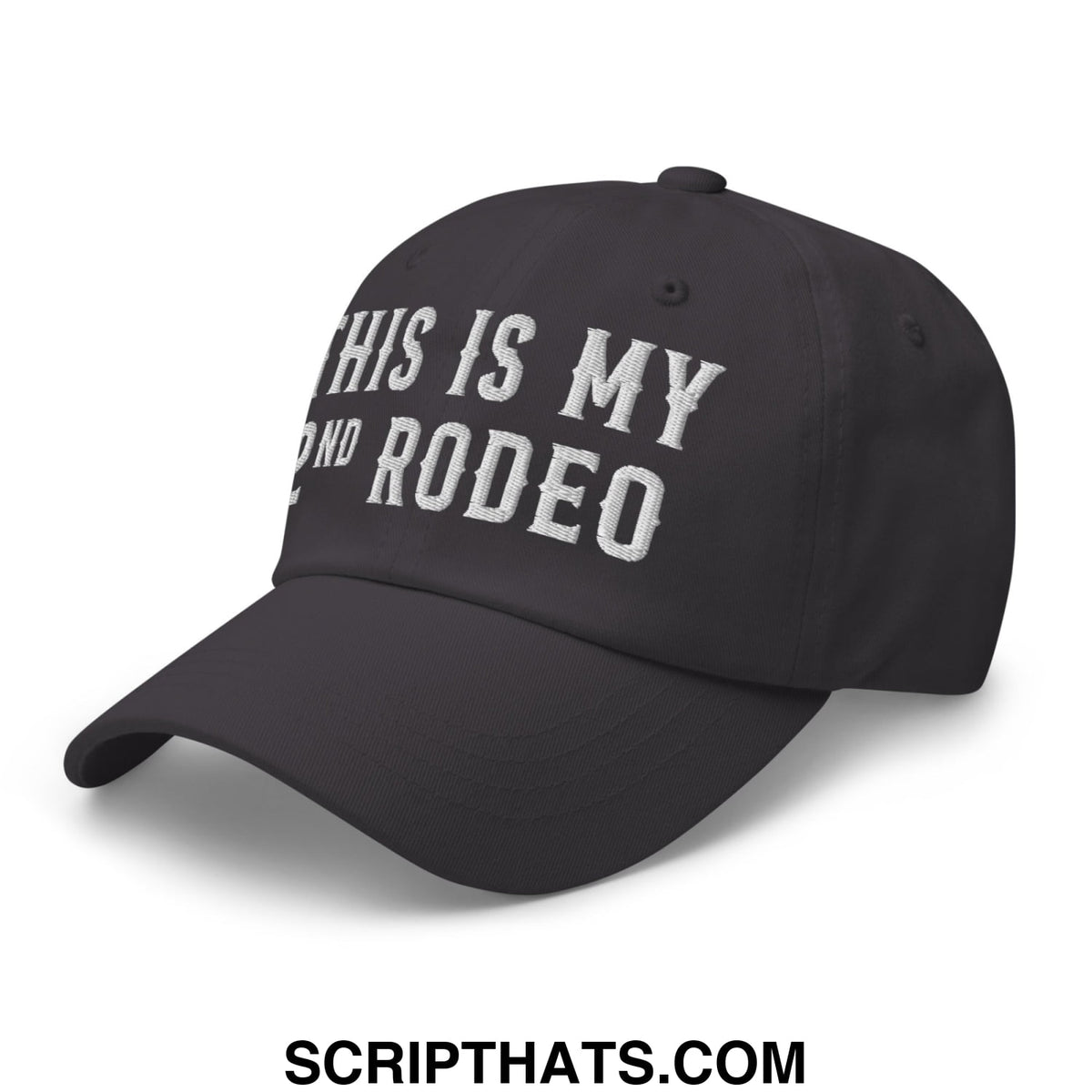 Black unstructured dad hat with white embroidered text this is my second rodeo for casual wear