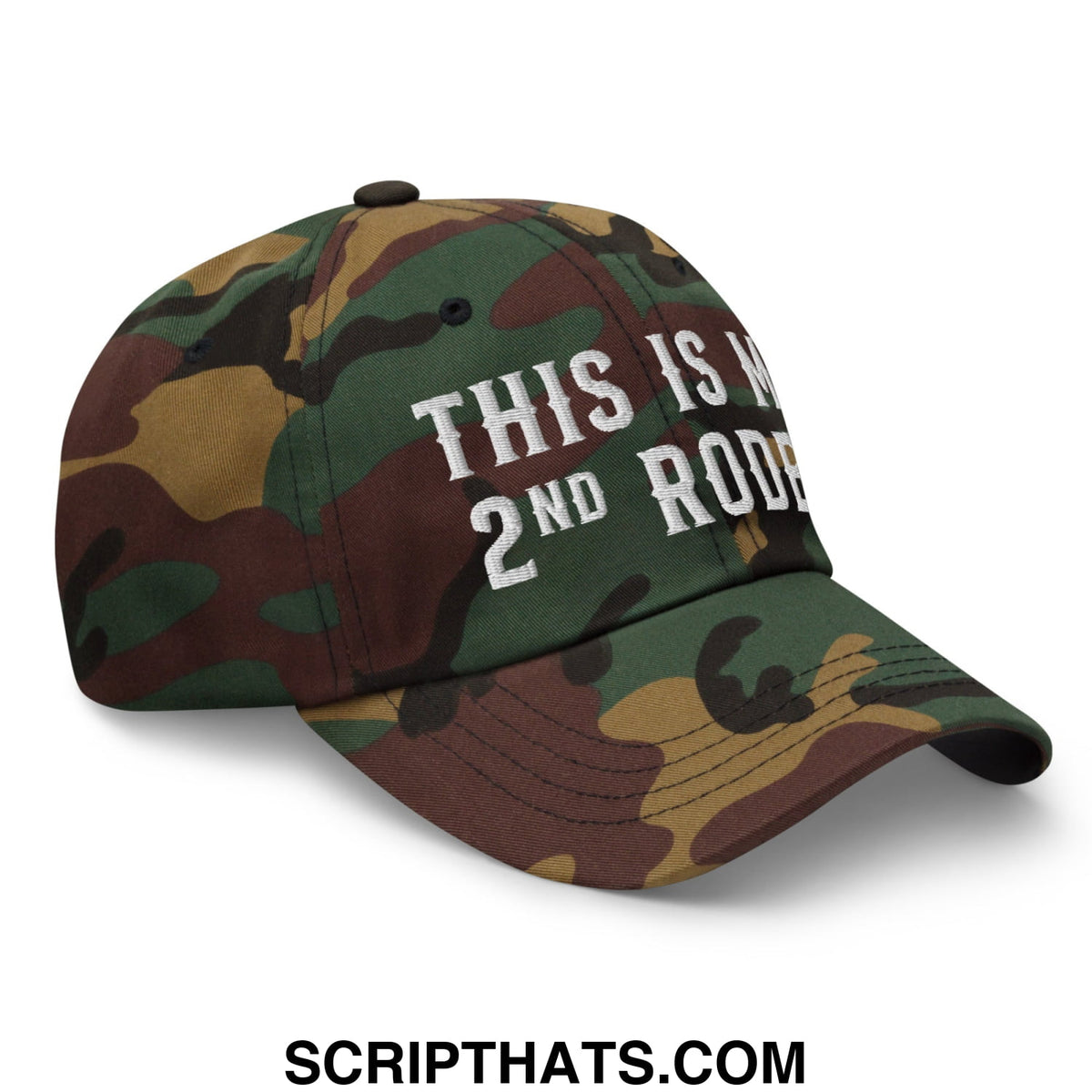 A camouflage unstructured dad hat with white embroidered text this is my 2nd rope on the front panel