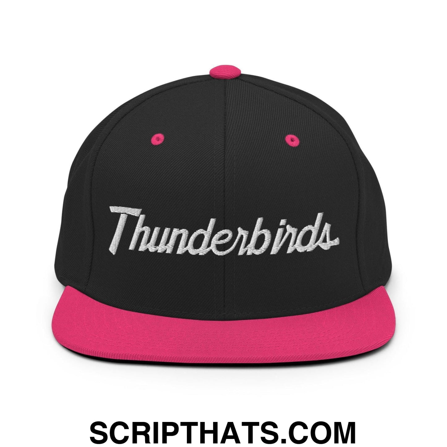 Thunderbirds School Mascot Script Snapback Hat Black Neon Pink