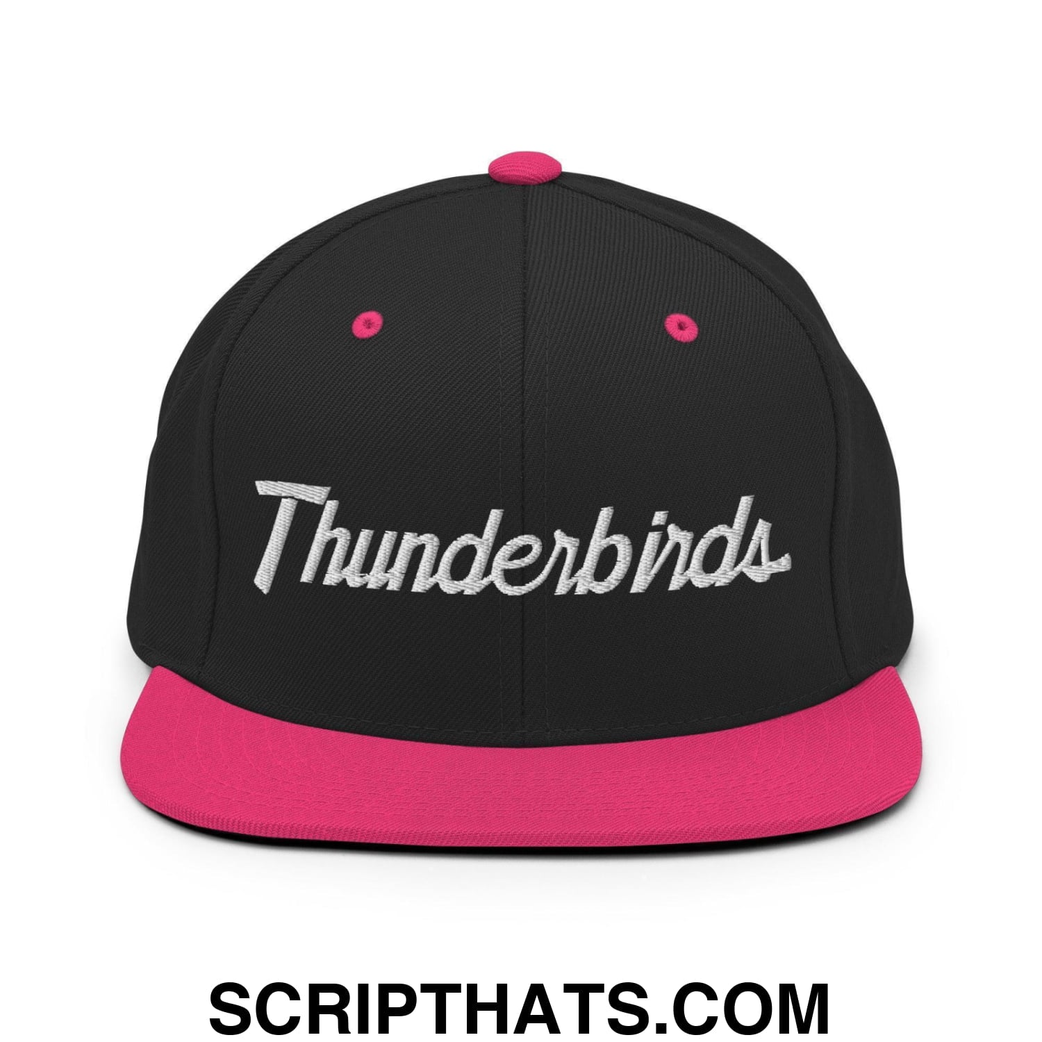 Thunderbirds School Mascot Script Snapback Hat Black Neon Pink