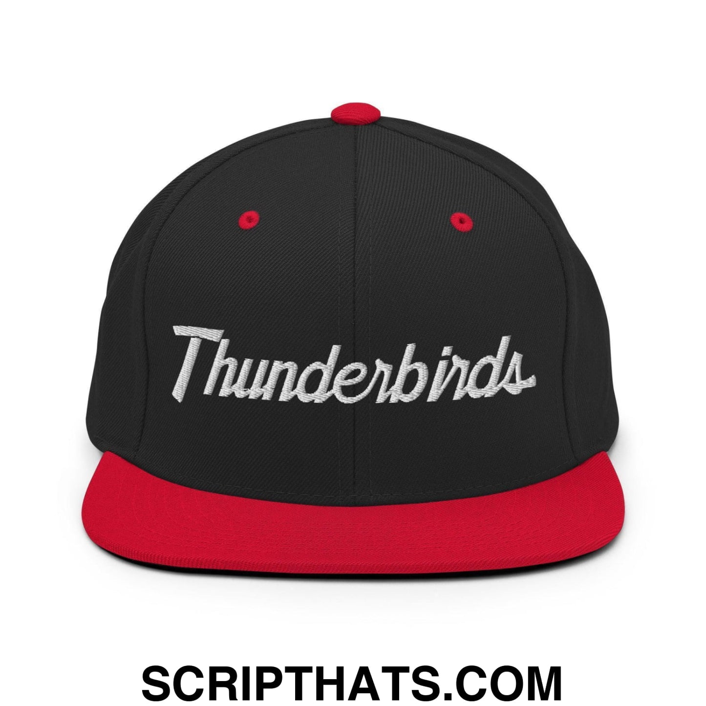 Thunderbirds School Mascot Script Snapback Hat Black Red