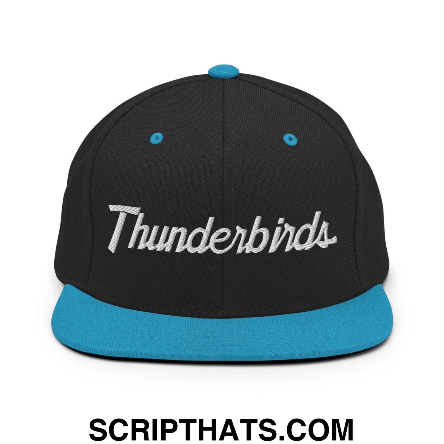 Thunderbirds School Mascot Script Snapback Hat Black Teal