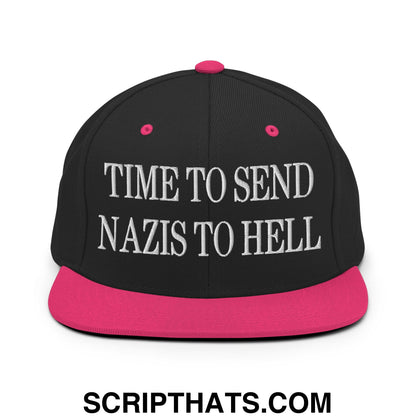 Time to Send Nazis to Hell Embroidered Flat Bill Brim Snapback Hat Black Neon Pink