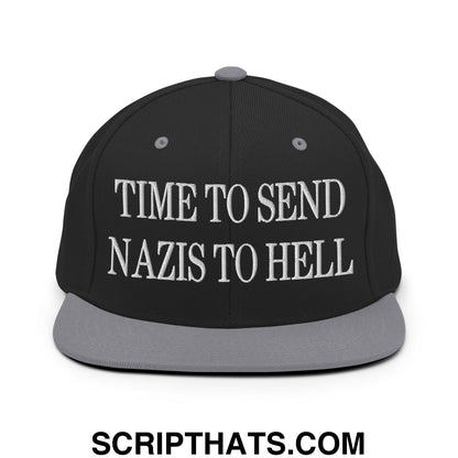 Time to Send Nazis to Hell Embroidered Flat Bill Brim Snapback Hat Black Silver