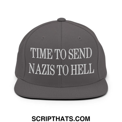Time to Send Nazis to Hell Embroidered Flat Bill Brim Snapback Hat Dark Grey