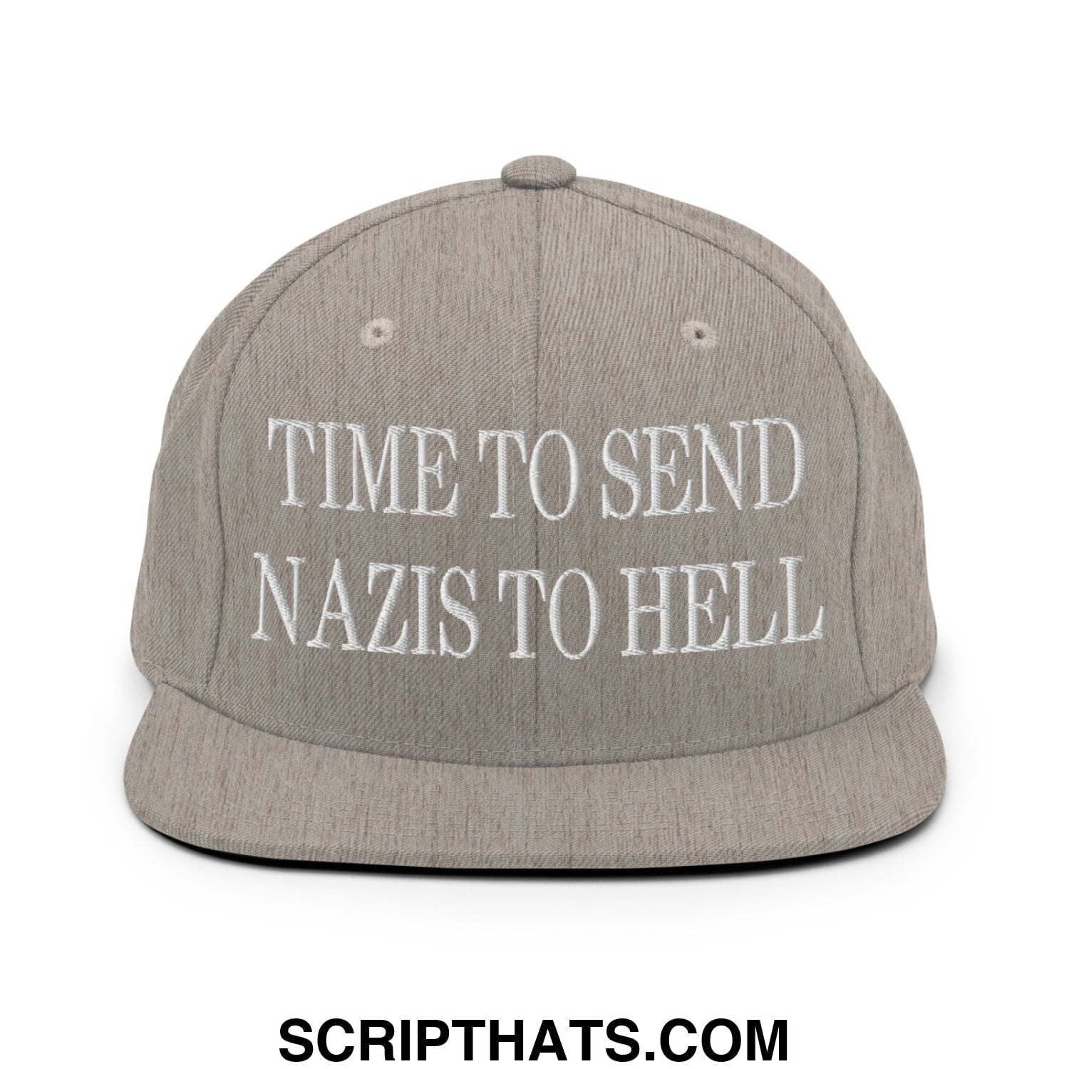 Time to Send Nazis to Hell Embroidered Flat Bill Brim Snapback Hat Heather Grey