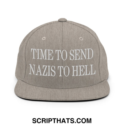Time to Send Nazis to Hell Embroidered Flat Bill Brim Snapback Hat Heather Grey