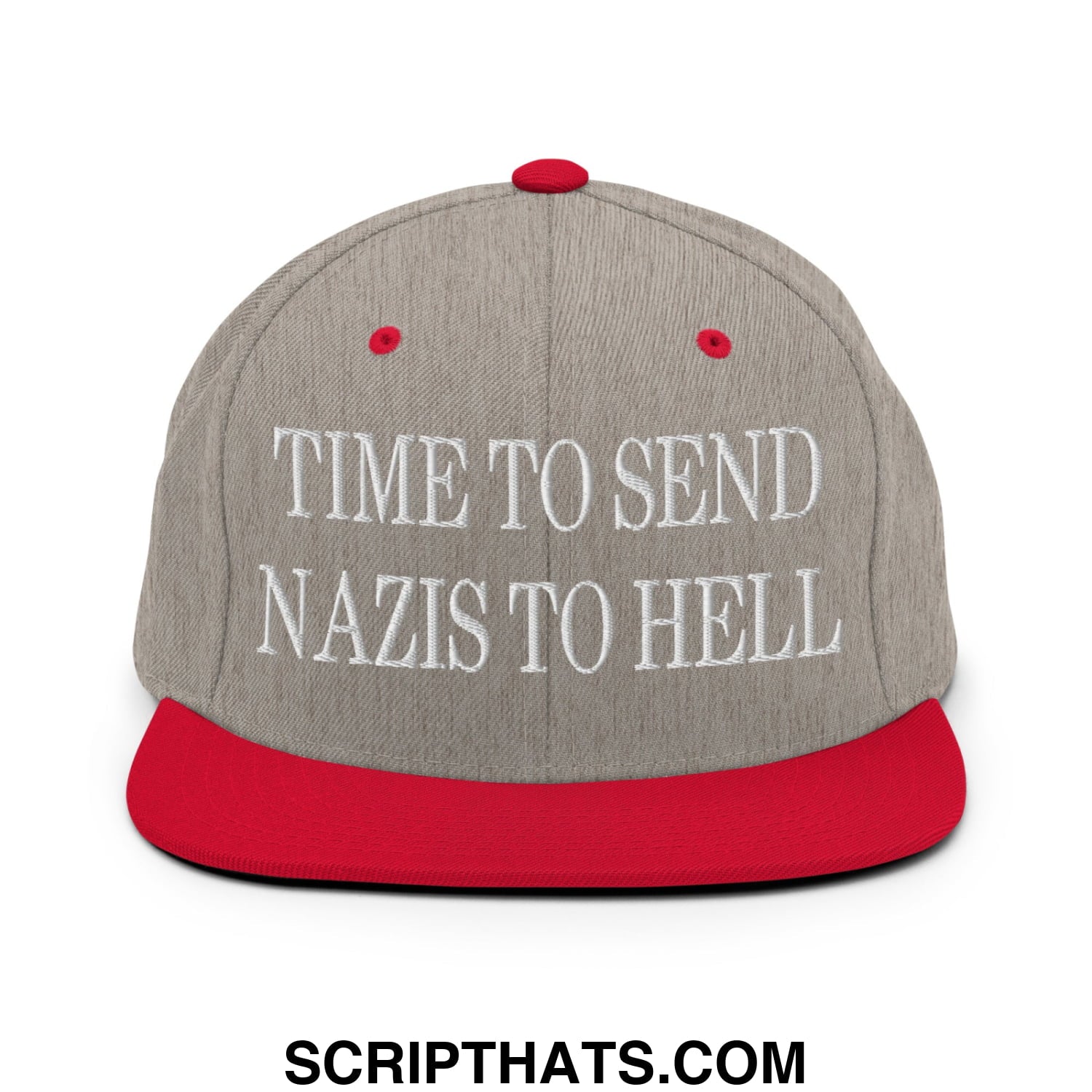 Time to Send Nazis to Hell Embroidered Flat Bill Brim Snapback Hat Heather Grey Red