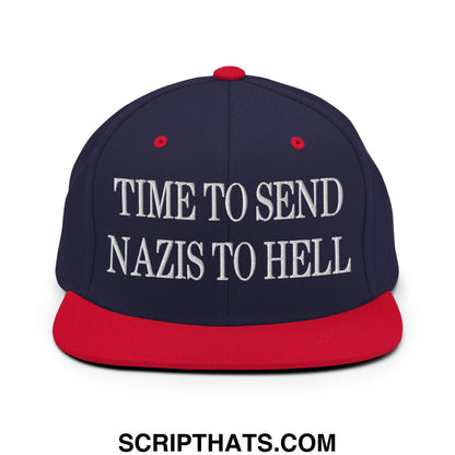 Time to Send Nazis to Hell Embroidered Flat Bill Brim Snapback Hat Navy Red