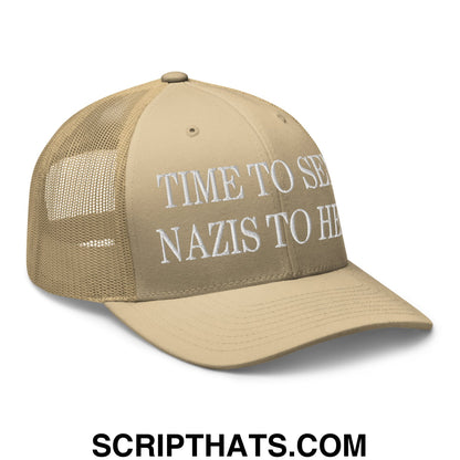 Time to Send Nazis to Hell Embroidered Mesh Trucker Hat Khaki