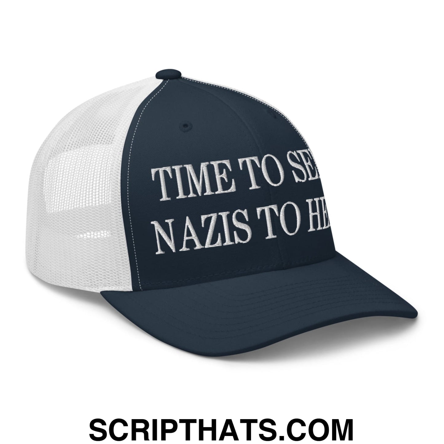 Time to Send Nazis to Hell Embroidered Mesh Trucker Hat Navy White