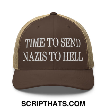 Time to Send Nazis to Hell Embroidered Mesh Trucker Hat Brown Khaki