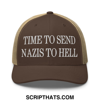 Time to Send Nazis to Hell Embroidered Mesh Trucker Hat Brown Khaki
