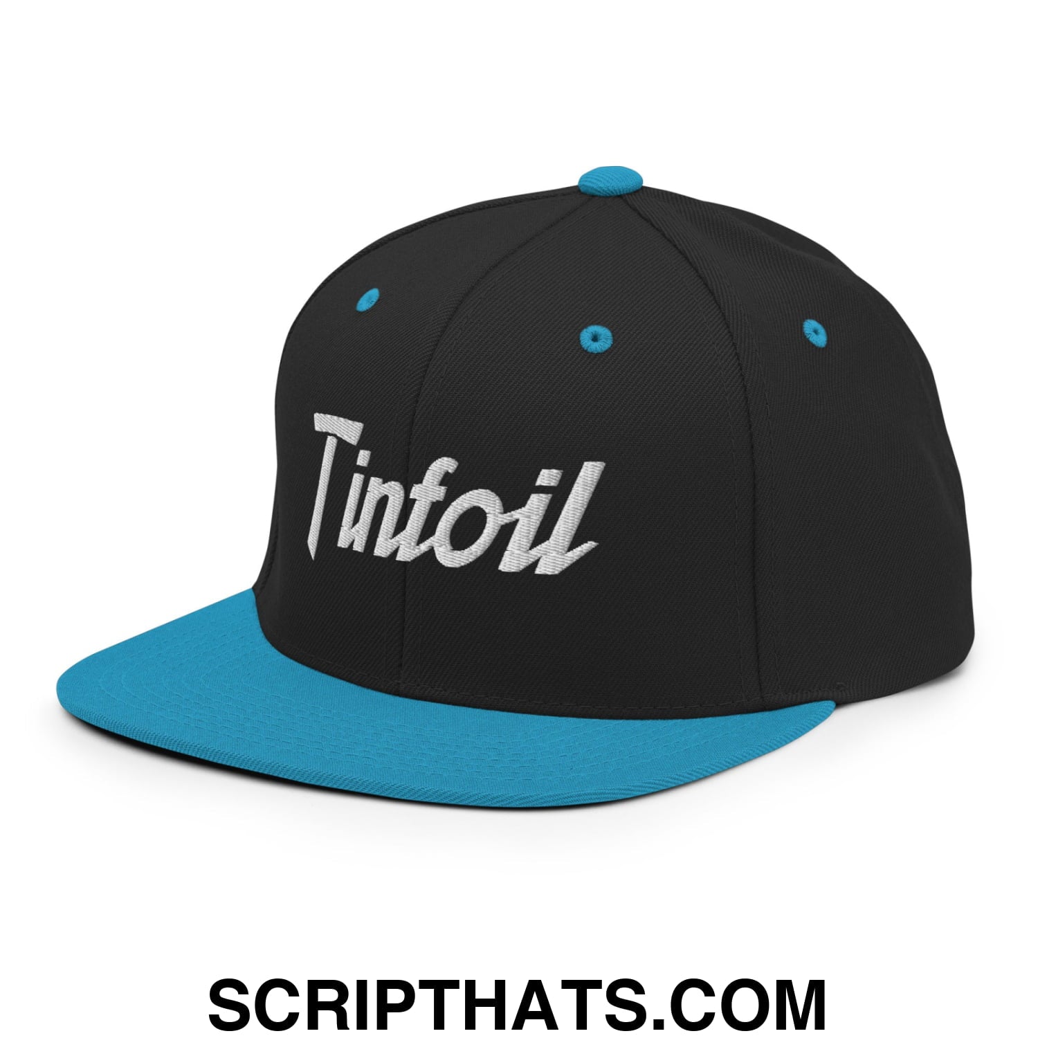 Black snapback hat with teal flat bill and button, featuring silver tinfoil sports script embroidery on front