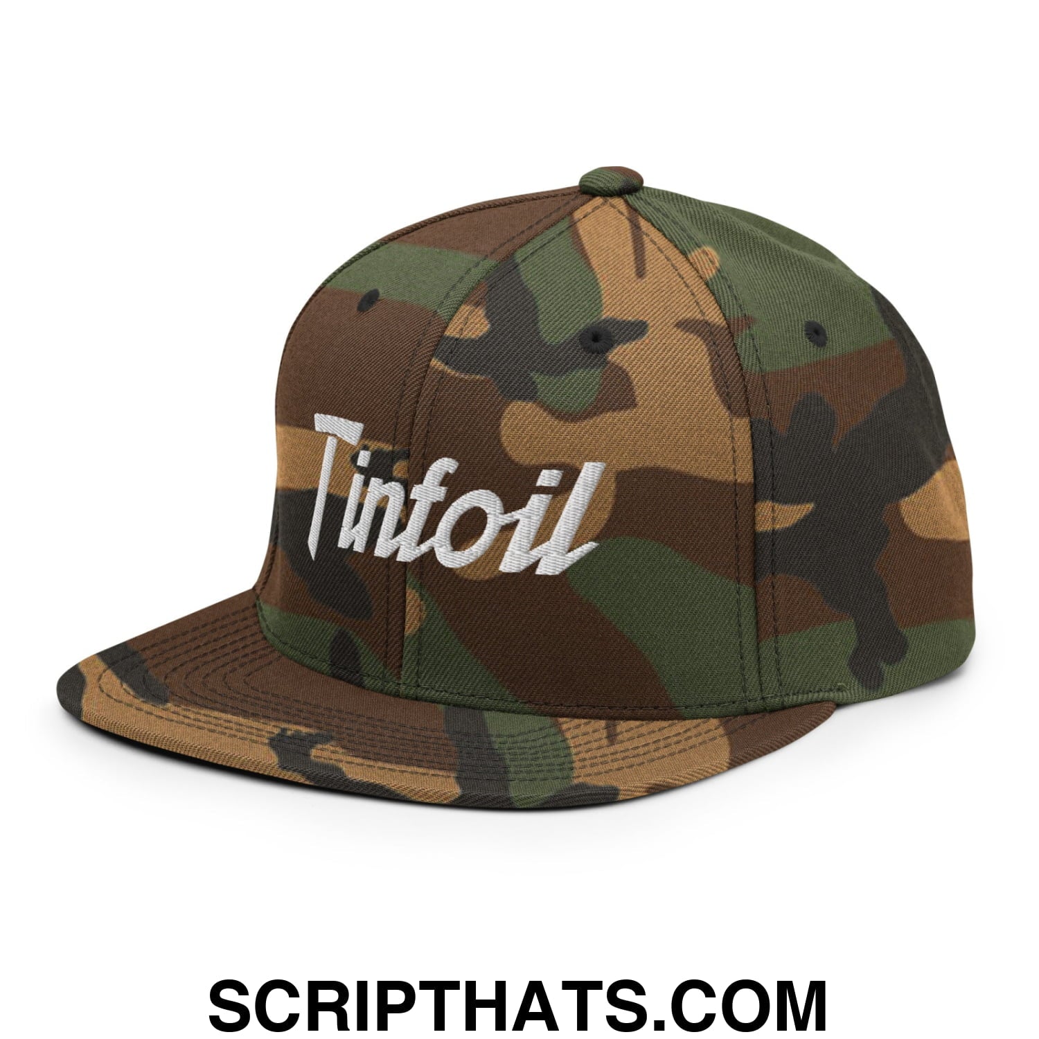 Camouflage snapback hat with white embroidered tinfoil logo and flat bill brim for sportswear style