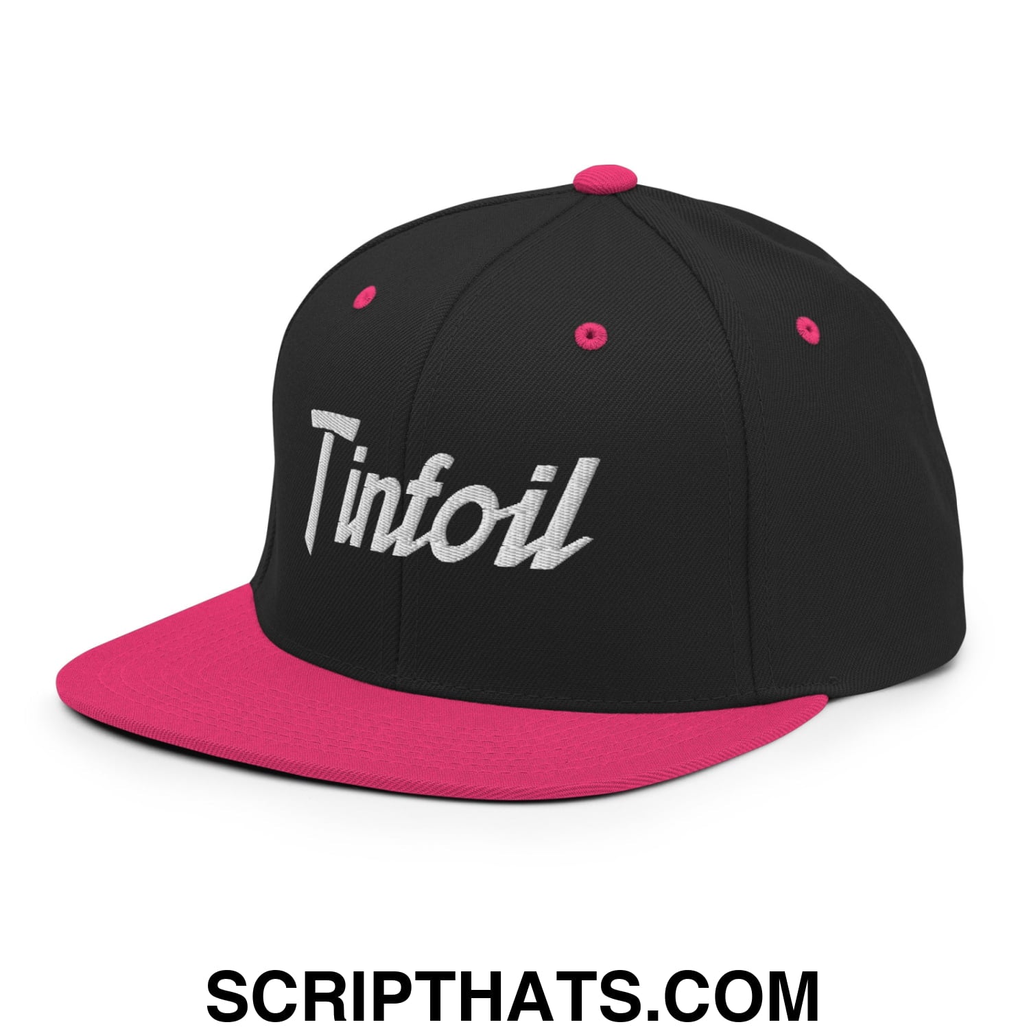 Black snapback hat with flat bill pink brim and silver tinfoil sports script embroidered on front