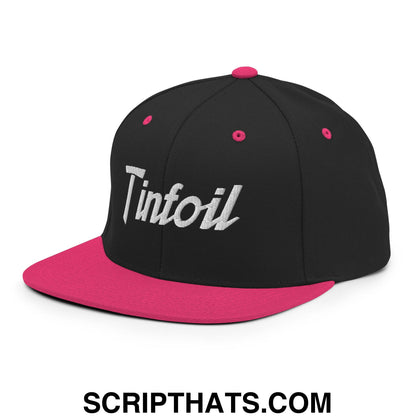 Black snapback hat with flat bill pink brim and silver tinfoil sports script embroidered on front