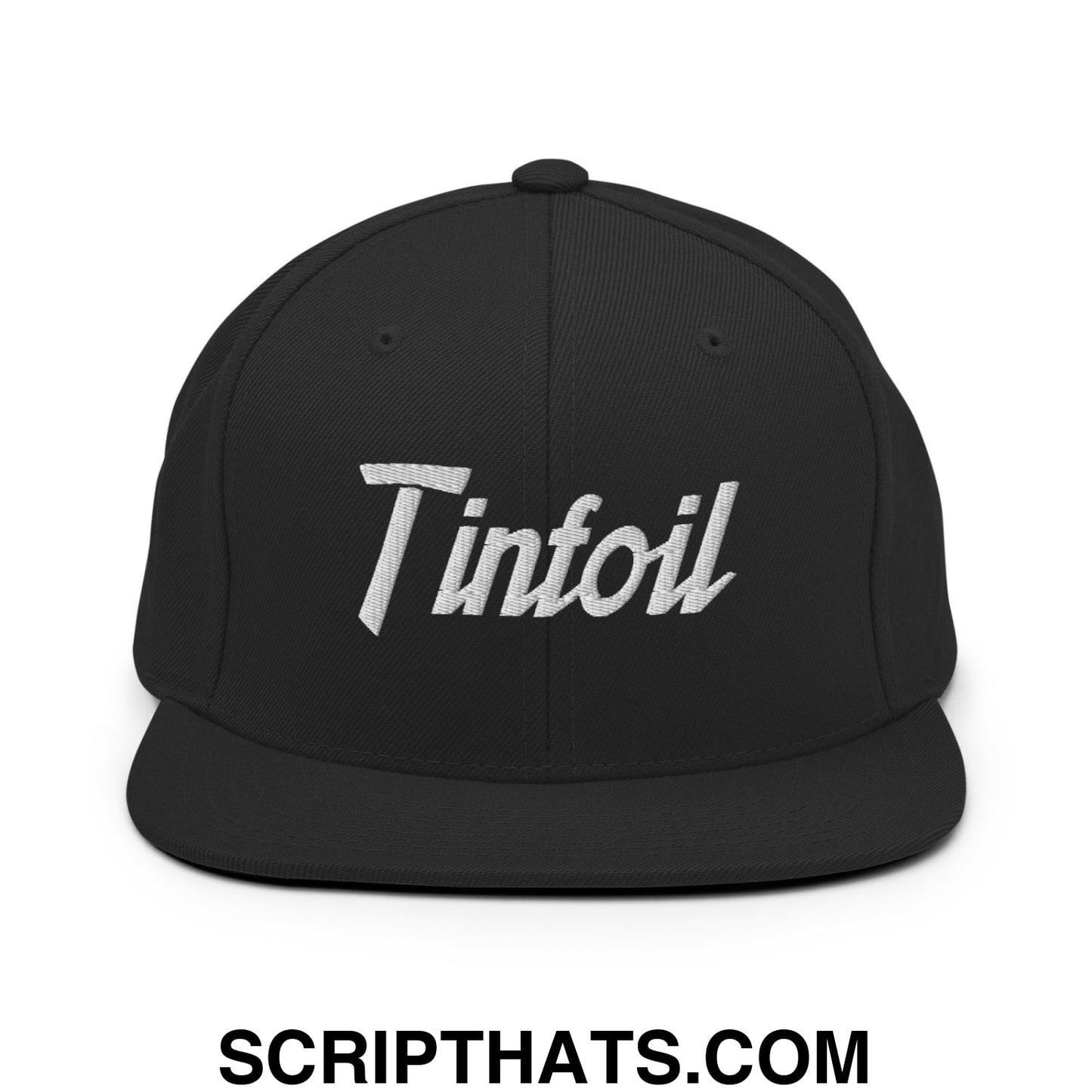 Black snapback hat with white embroidered tinfoil script logo and flat bill brim for sportswear style