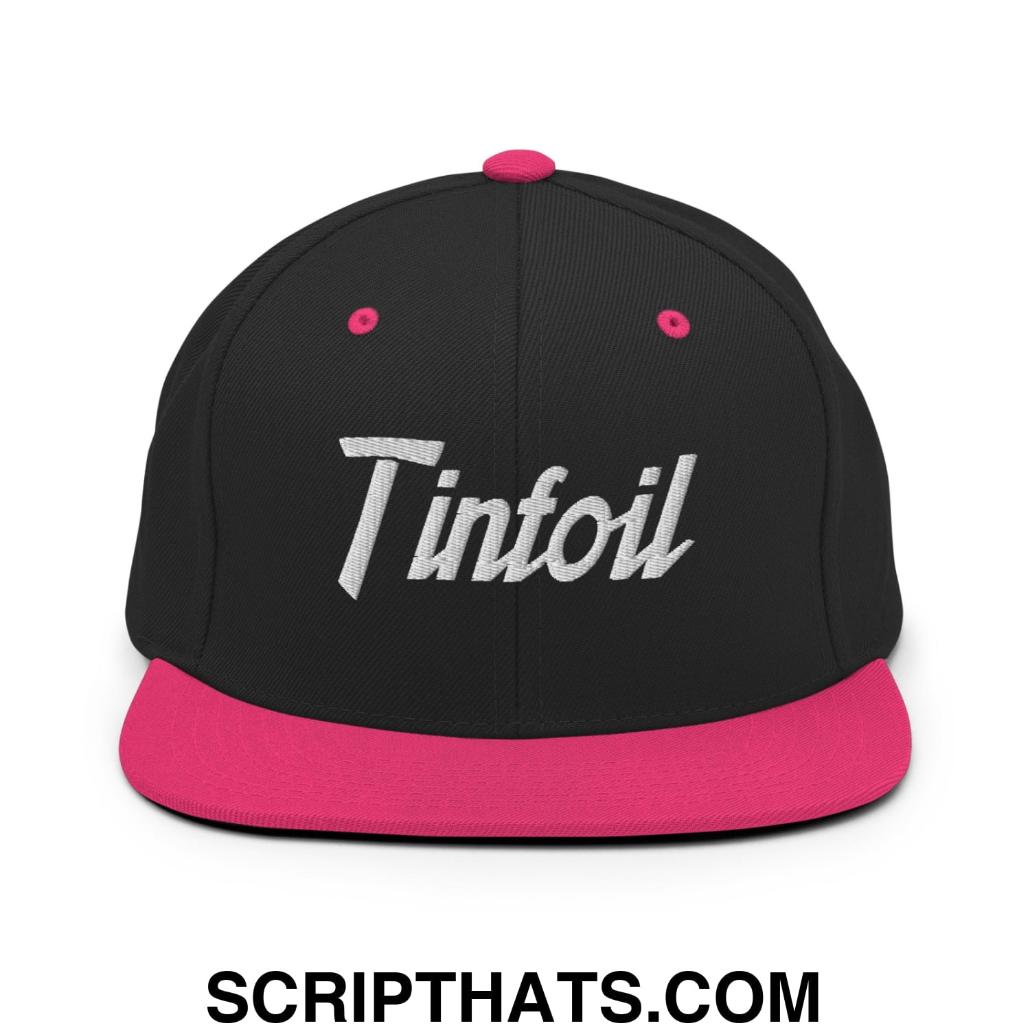Black snapback cap with vibrant pink flat bill brim and matching button, tinfoil embroidered in silver script