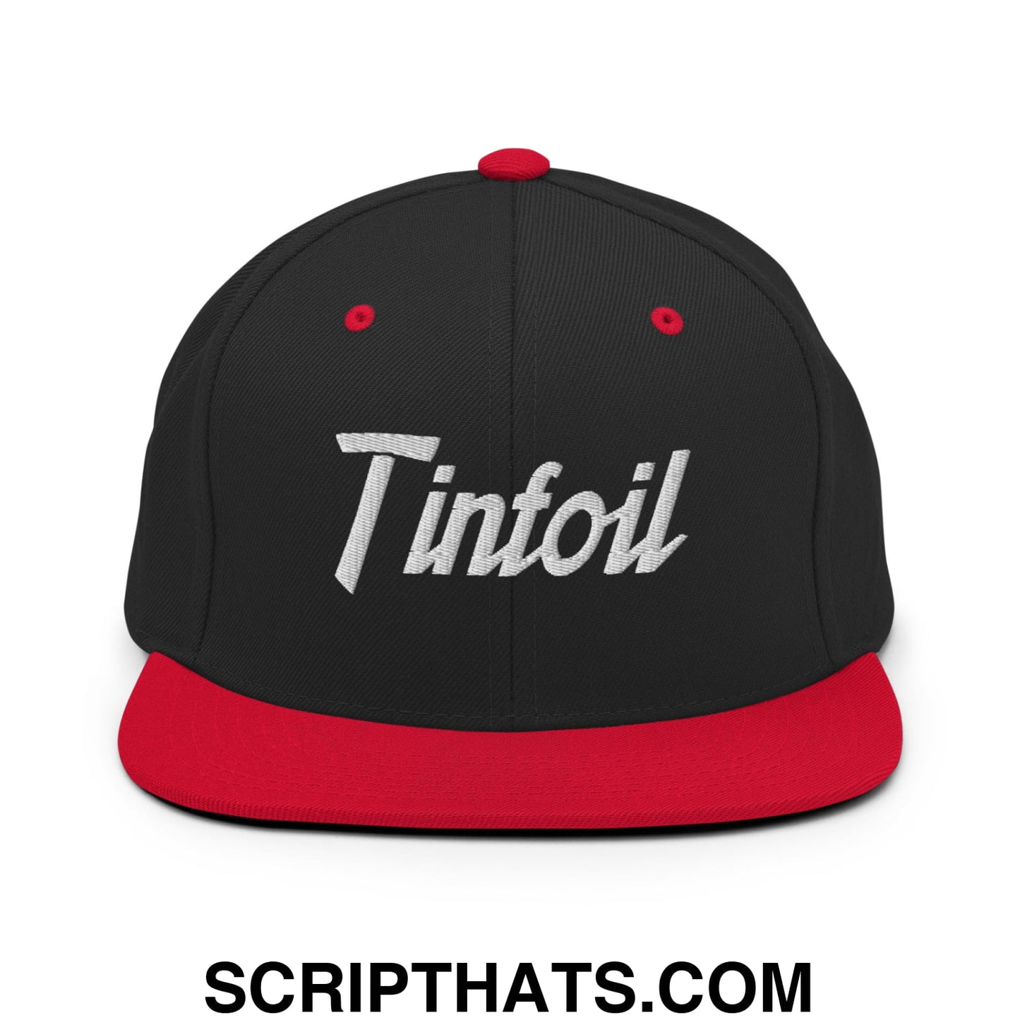 Black snapback cap with red brim and button featuring white embroidered tinfoil sports script on front