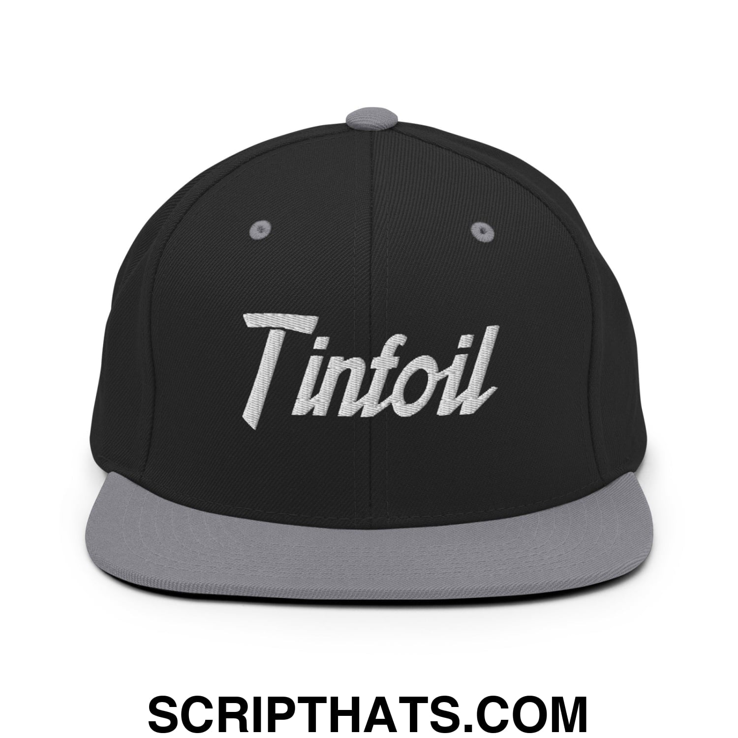 Black snapback hat with gray flat bill and white embroidered tinfoil sports script on front panel