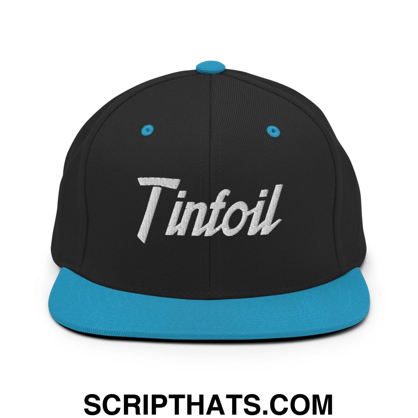 Black snapback cap with teal flat bill brim and silver tinfoil script embroidery on front panel