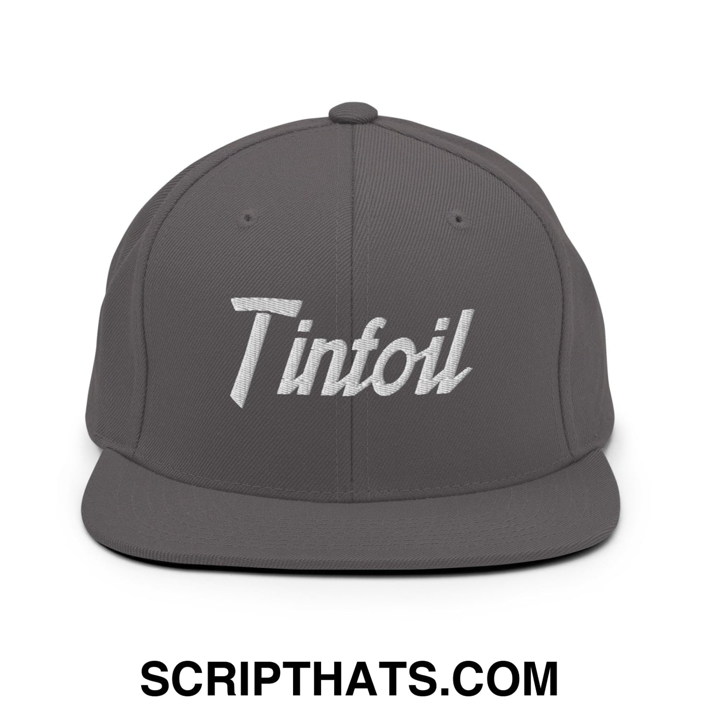 Gray snapback hat with white embroidered tinfoil sports script and flat bill brim for casual wear