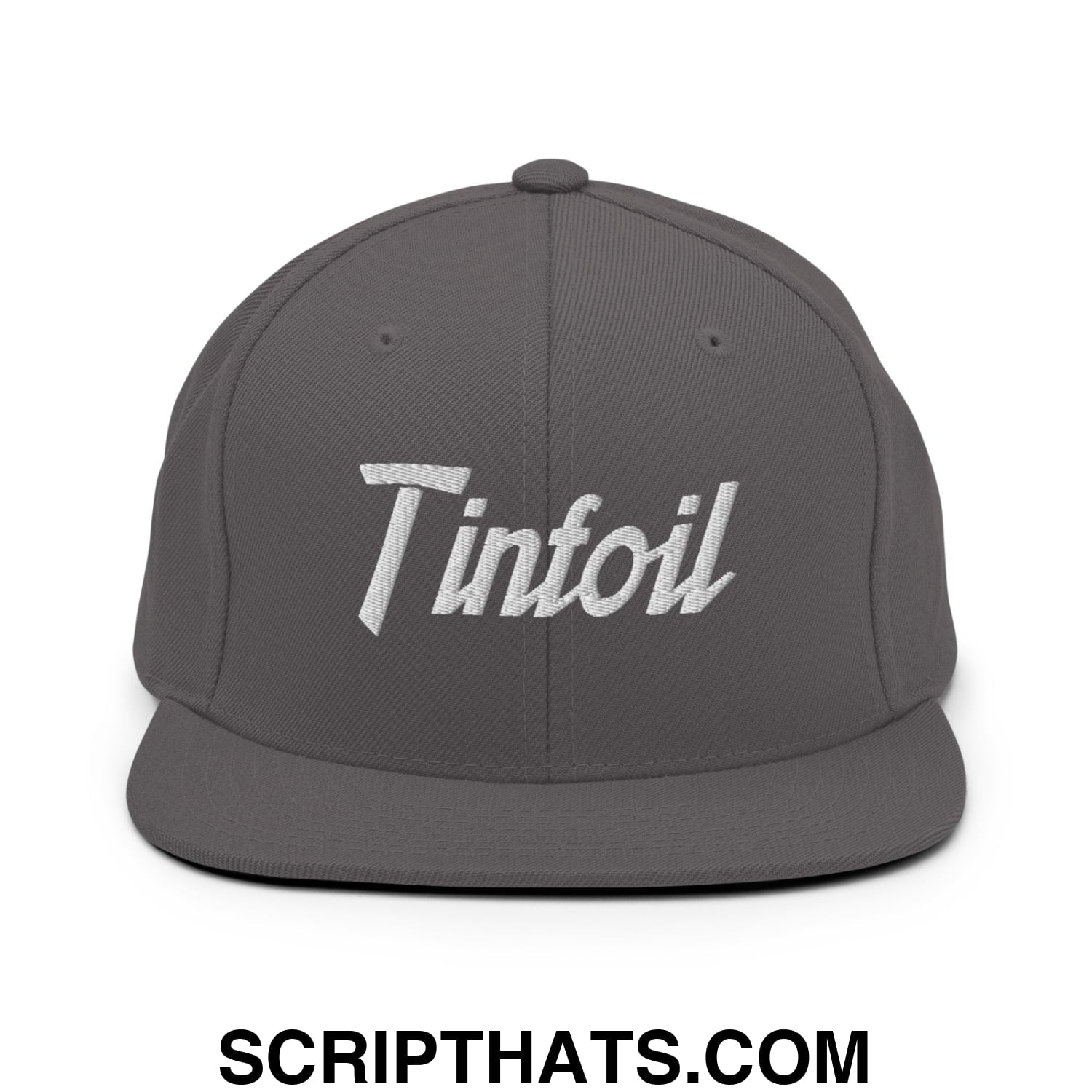 Gray snapback hat with white embroidered tinfoil sports script and flat bill brim for casual wear