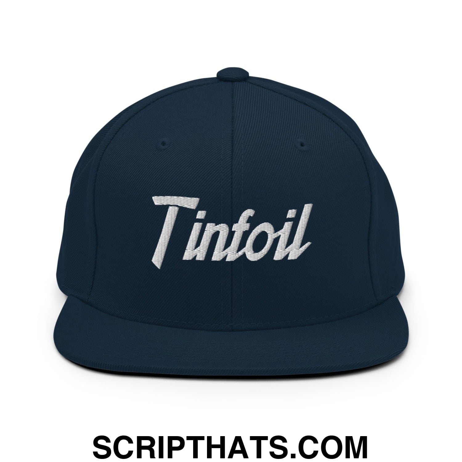 Dark navy blue snapback hat with white embroidered tinfoil sports script logo and flat bill brim design