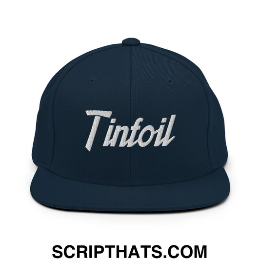 Tinfoil Sports Script Embroidered Flat Bill Brim Snapback Hat Dark Navy